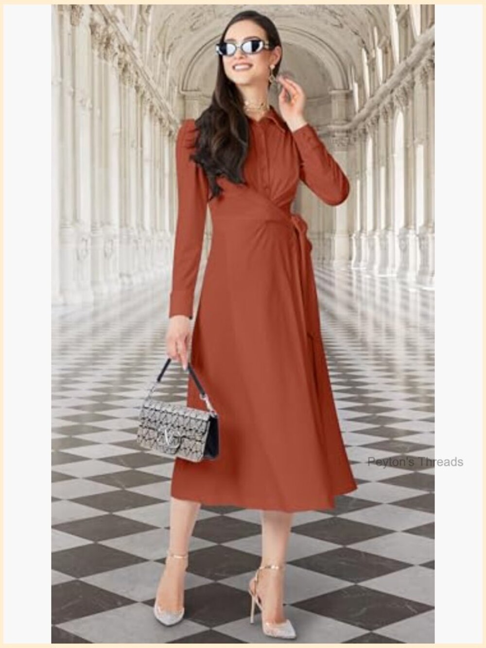 Long Sleeve Flowy Wrap Collar Midi Dress - Modest Office - Picture 2 of 7